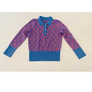 Kate Spade flower polo sweater no label, size XXS, Pink and Blue. Preowned